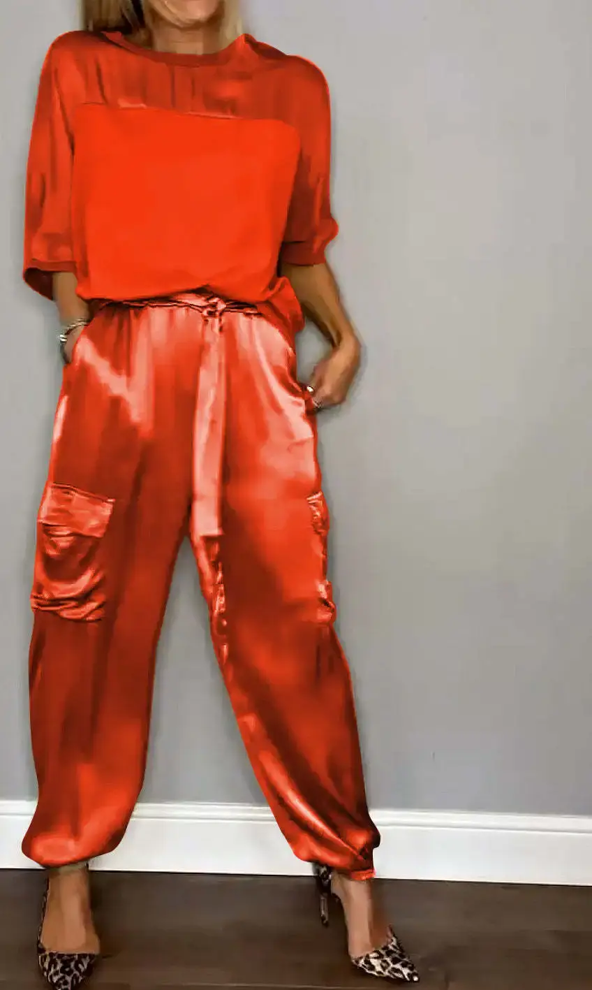 Thumbnail: 2024 Summer Fashion New Elegant Women's Set Street Scenery Smooth Satin Half Sle