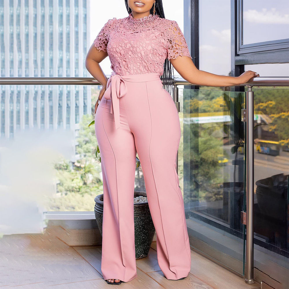 Elegant Jumpsuits & Rompers for Women O Neck Lace Patchwork Short Sleeve Sashes 