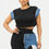 Thumbnail: Color Block Denim Sleeve Top And Biker Shorts Set        