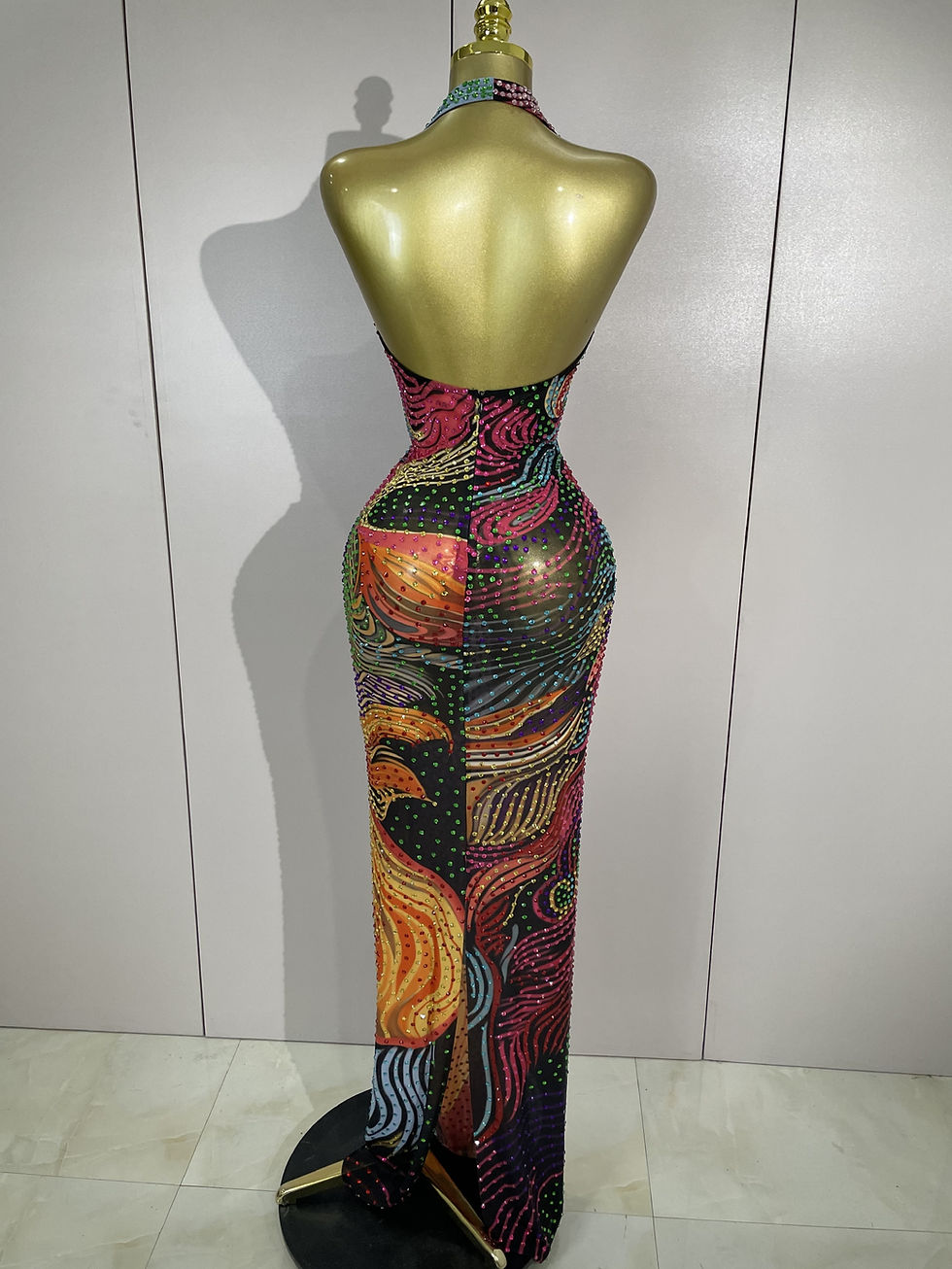 Thumbnail: Sexy Colorful Rhinestone Print Long Dress Woman Halter Deep V Neck Backless 2026