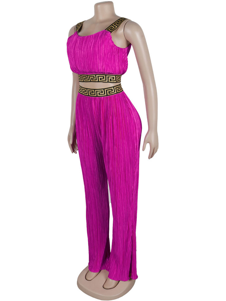 Thumbnail: Bonnie Forest Elegant Sleeveless Printed Rcuhed Crop Top And Palazzo Pants Set C