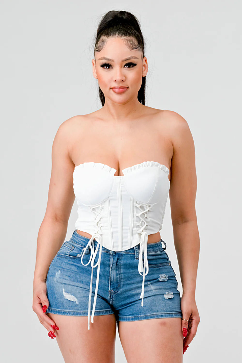 Off White Luxe Sweetheart Ruffled Drawstring Lace Bustier Top