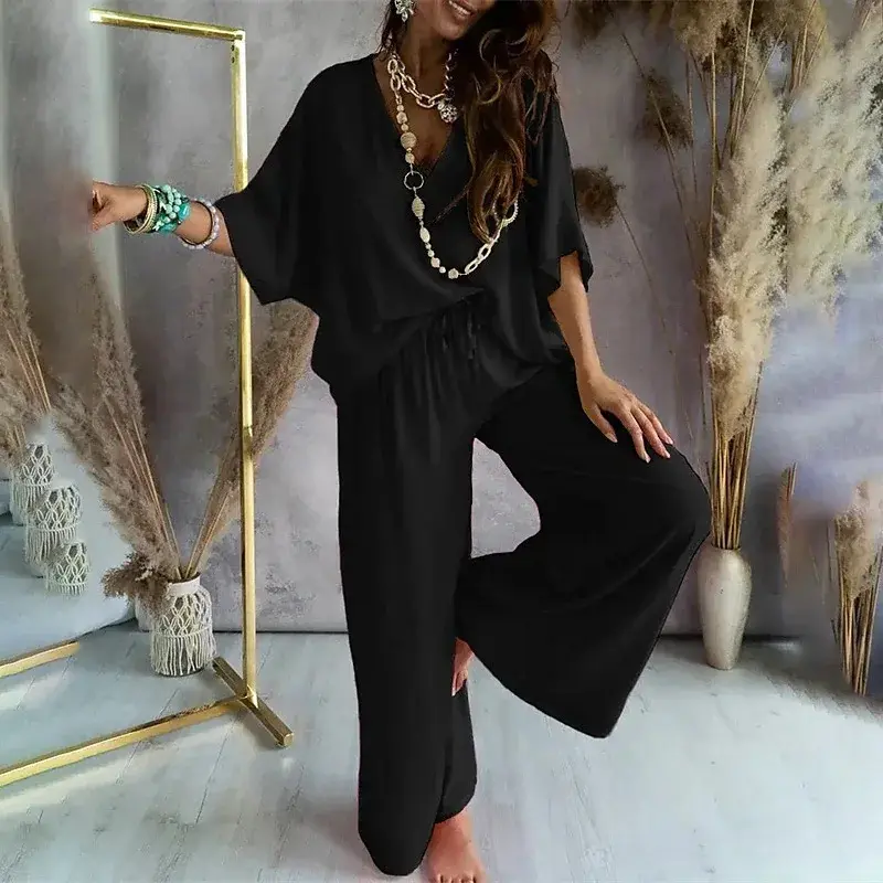 Thumbnail: 2024 Summer Fashion Set Loose Fit High Waist Large Size 2 Piece Solid Wide Leg P