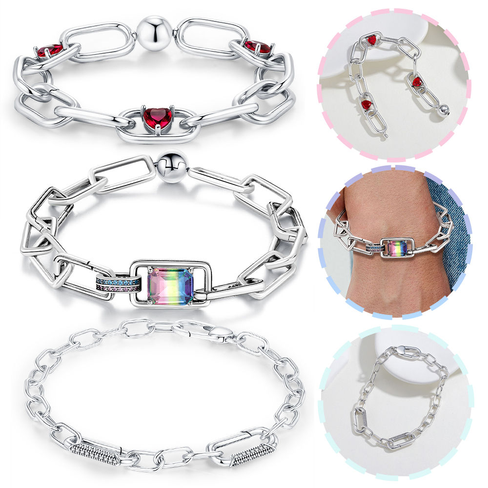 New 925 Sterling Silver Bracelet Red Heart Rainbow Gem Me Bracelet For Woman Lov