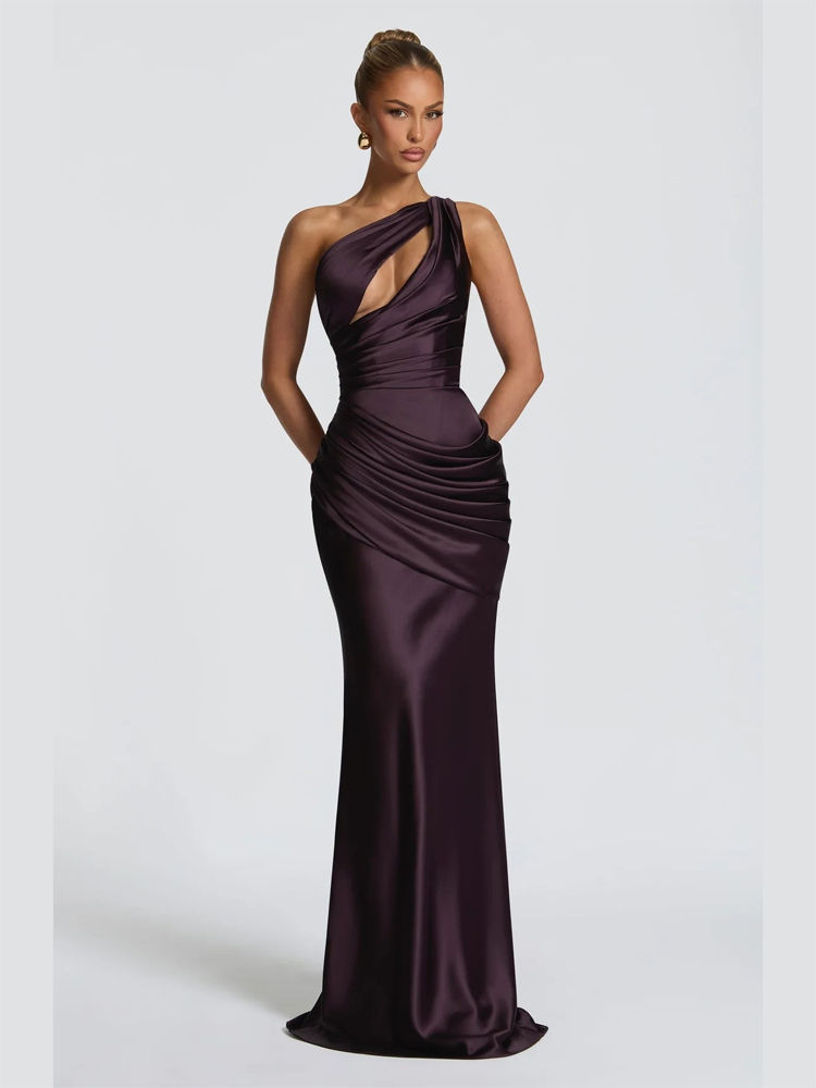 Thumbnail: One-shoulder Ruched Satin Maxi Dress Women Elegant Sleeveless Cutout Waist-cinch