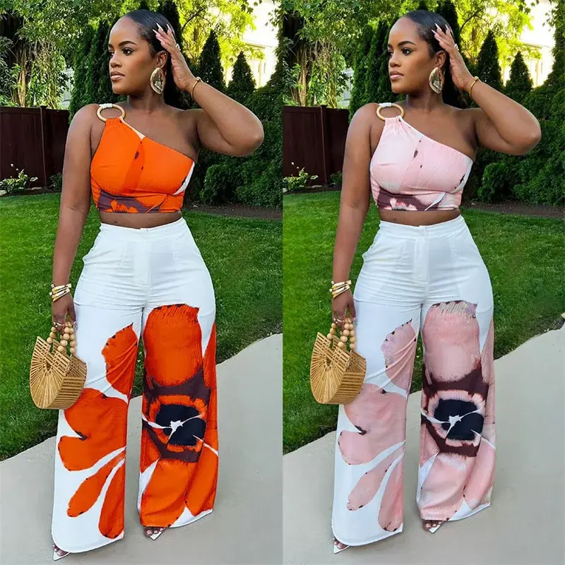 Thumbnail: Floral Print Summer Two Piece Set Women Holiday One Shoulder Crop Top and Loose 