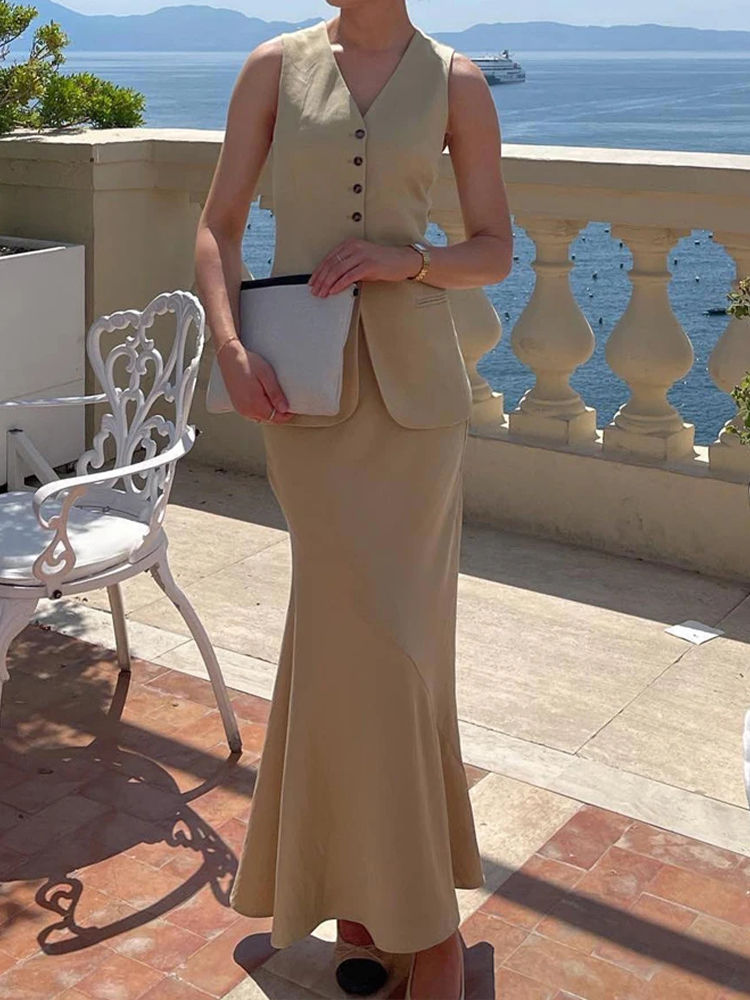 Thumbnail: HH 2024 Women's Elegant Vest Long Skirt Set Sleeveless V-neck Tank Top High Wais