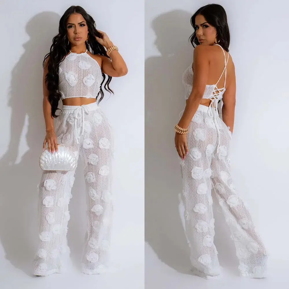 Sexy Crop Mesh Tops Two Piece Pant Set Outfits Matching Sets 2025 Women Y2K Stre
