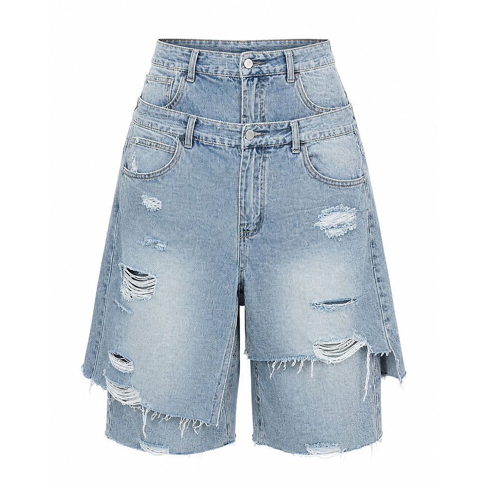 Thumbnail: GLOURI Women's Denim Bermuda Shorts, Double Waistband Fake Two-piece Deconstruct