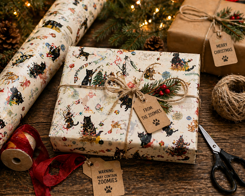 Festive wrapping paper with cat designs covering presents. Tag reads "From: The Zoomies". Warm lights and pine branches create a cozy mood.