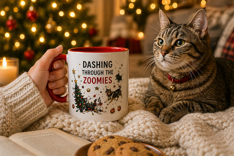 Cozy scene with a cat and hand holding a mug reading "Dashing Through the Zoomies." Cookies and a book on a knitted blanket; festive lights.