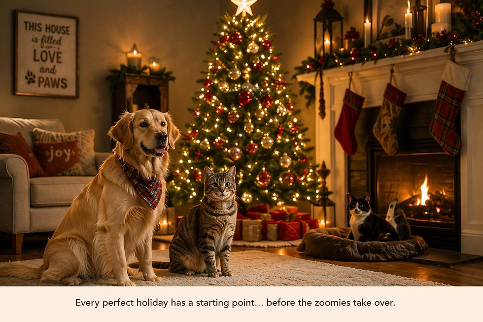 Golden retriever and tabby cat sit by a lit Christmas tree and fireplace, with stockings and festive decor. Text: "Every perfect holiday..."