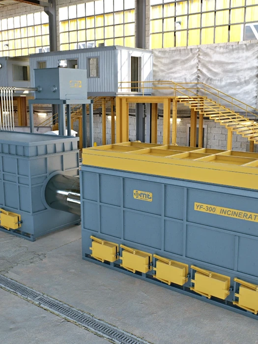 YF-300C Çöp Yakma Fırını, saatte 300 kg kapasitesiyle evsel ve endüstriyel atıkları yüksek sıcaklıkta güvenle bertaraf eder. Gelişmiş yanma teknolojisi, baca gazı arıtma sistemi, otomatik kül boşaltma ve konteyner kaldırma özellikleriyle çevre dostu, verimli ve sürdürülebilir atık yönetimi çözümü sunar.