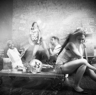 A distressed young woman sits isolated in the foreground, while behind her, a group of young people appear to be partying and engaging in risky behaviors, symbolizing the negative impacts of peer pressure and hazing.