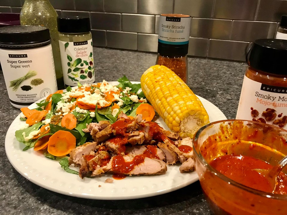 Epicure's Smoky Mojo drizzled on chicken and served with Sriracha dusted Corn