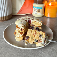 Fluffy White Chocolate & Blueberry Protein Pancakes