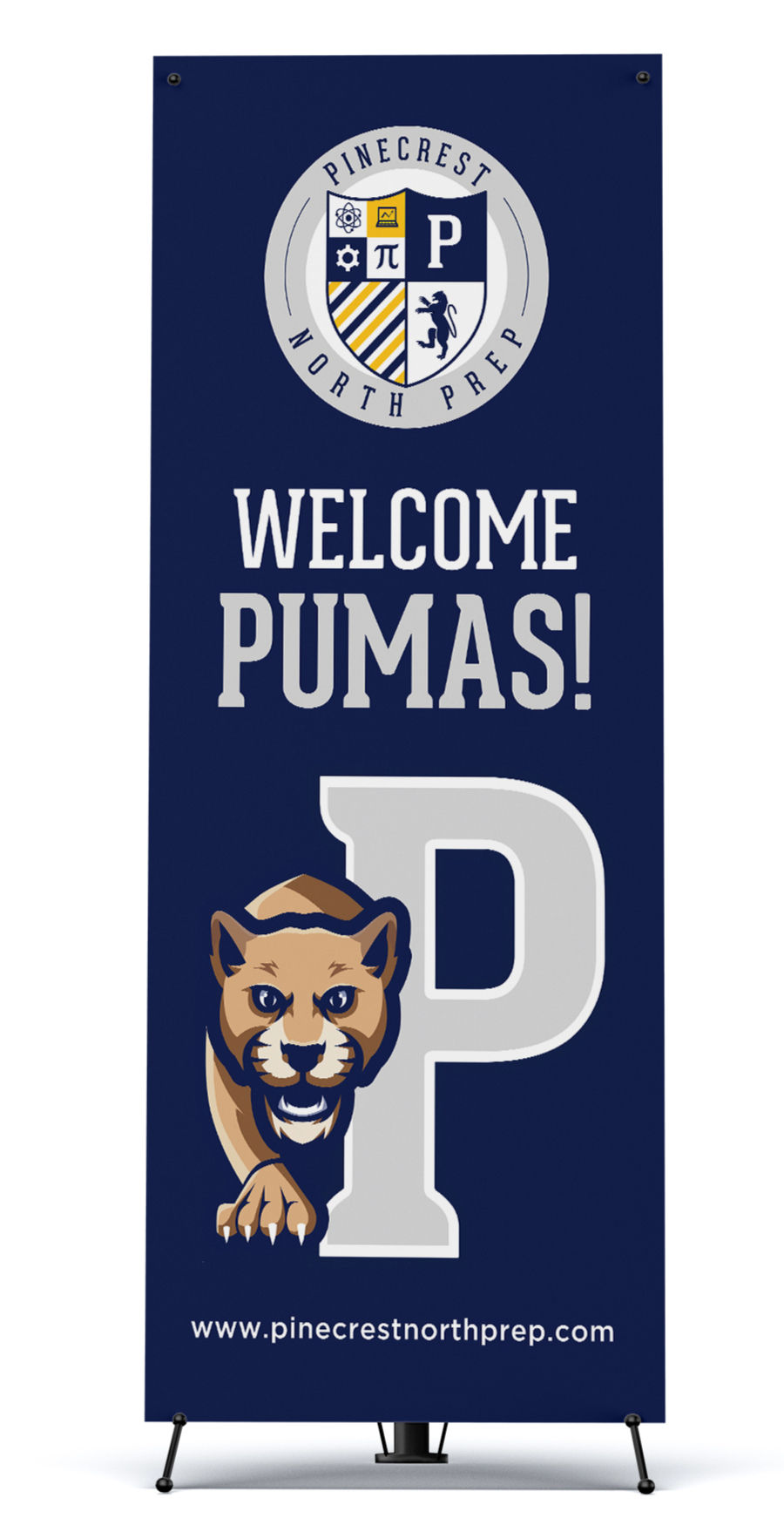 Blue banner with "Pinecrest North Prep" logo at top. Text reads "Welcome Pumas!" with a puma graphic and large letter "P". Website below.