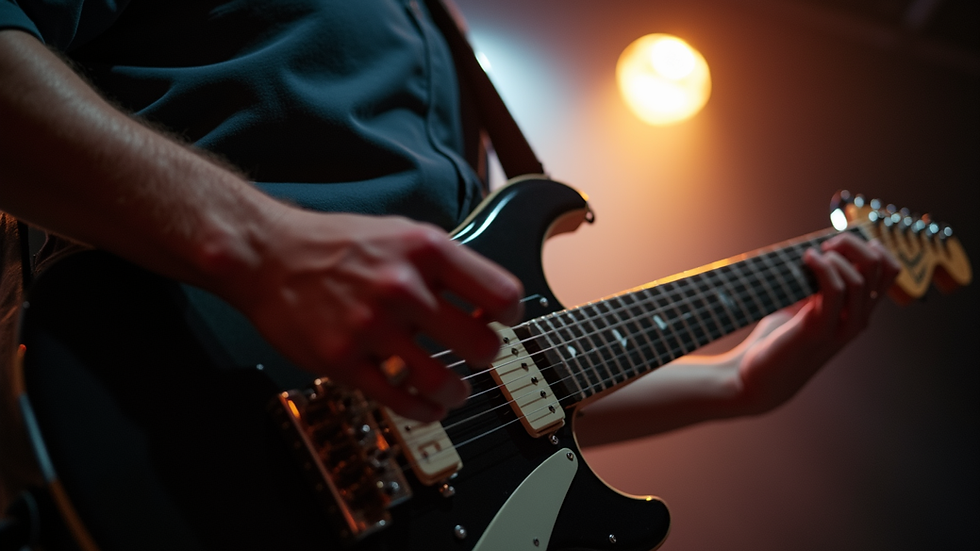 Close-up view of electric guitar on stage with spotlight