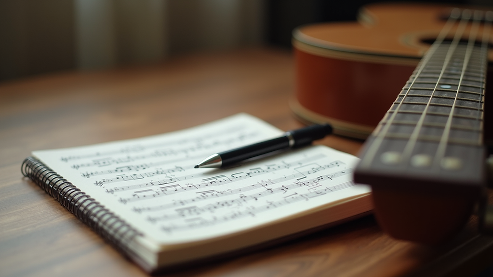 Close-up view of a guitar and notebook with music notes on a wooden table
