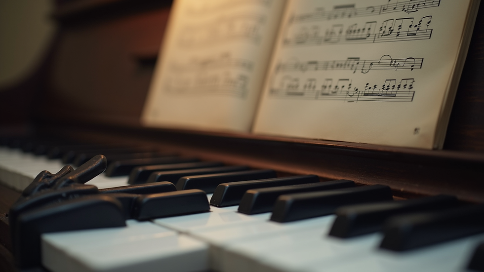 Close-up view of a piano keyboard with sheet music in the background