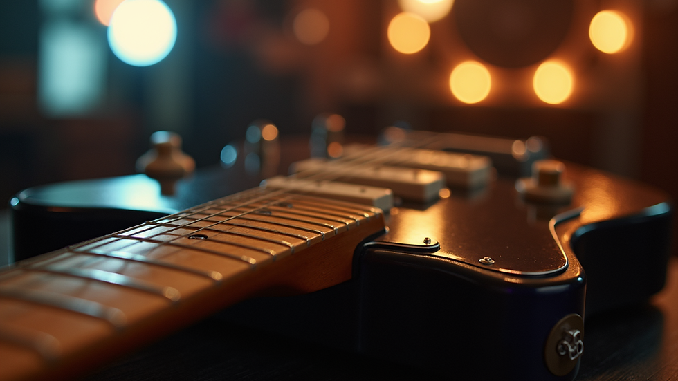 Eye-level view of electric guitar resting on amplifier