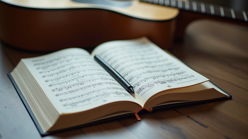Eye-level view of a music theory book open on a desk with a guitar nearby