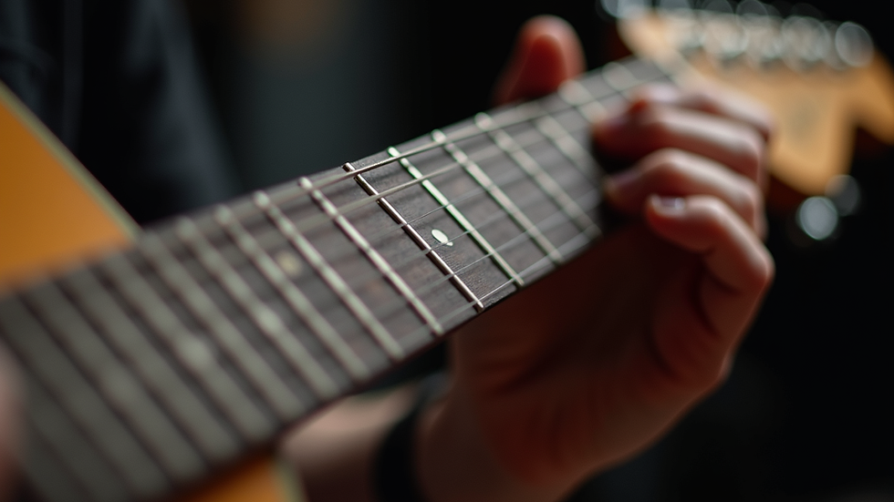 Close-up view of guitar fretboard showing finger placement for bending notes