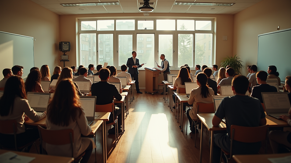 High angle view of a music classroom with instruments and students