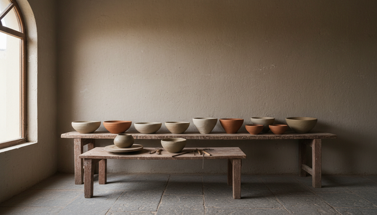 Wide-angle view of a quiet pottery shelf with one unfinished clay bowl in front
