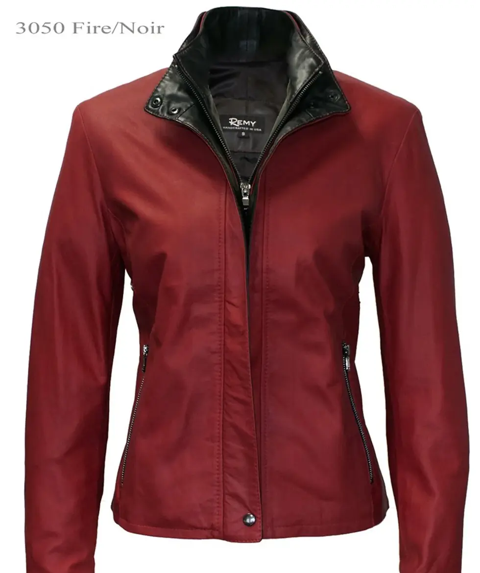 Thumbnail: Remy Ladies Double Collar Leather Jacket. Handcrafted in the USA from lambskin leather.