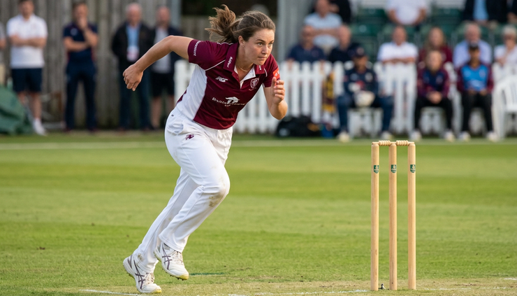 Eye-level view of a women’s cricket bowler running in to deliver the ball.
