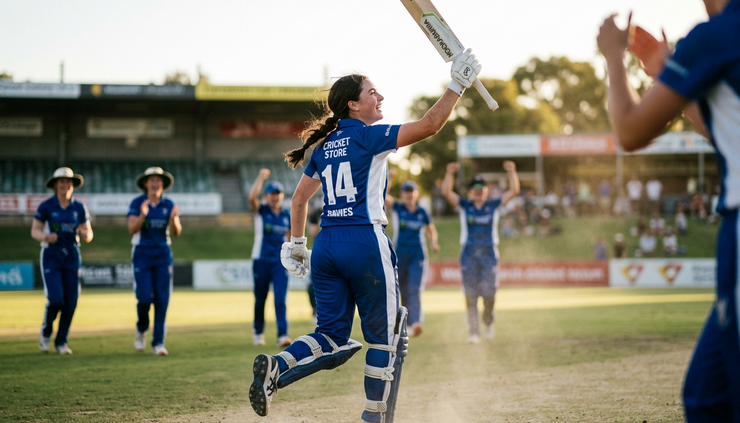 Low-angle view of a young woman lifting her cricket bat after scoring runs.