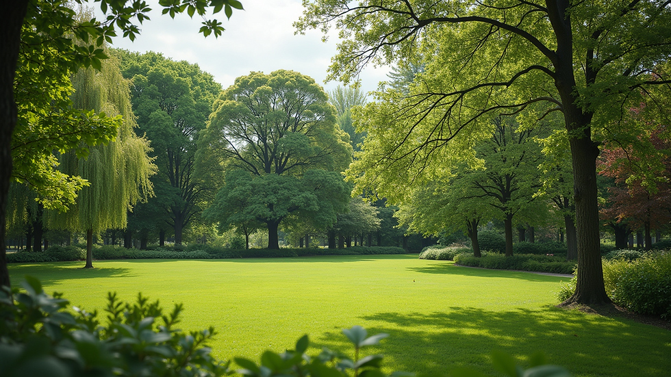 Wide angle view of a lush green park with a variety of trees and plants