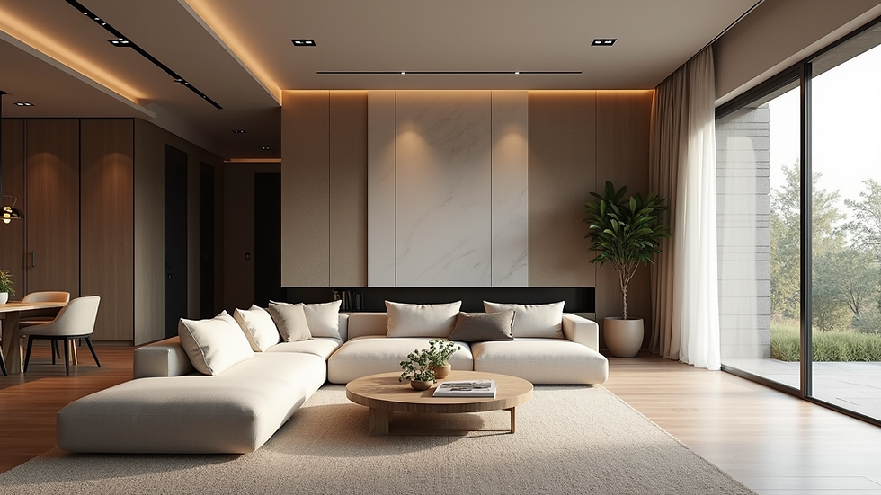 Eye-level view of a modern open floor plan living room with mixed materials