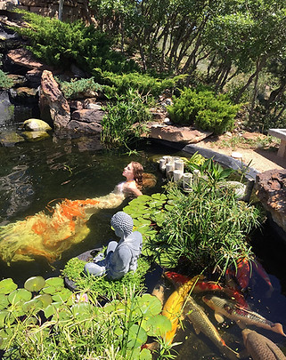 fashion installation art, recycled materials, art residency, sustainable art, koi pond, Colorado