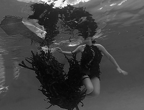 Oniria, fashion installation art, swimming gowns recycled materials, sustainable art, swimming gown