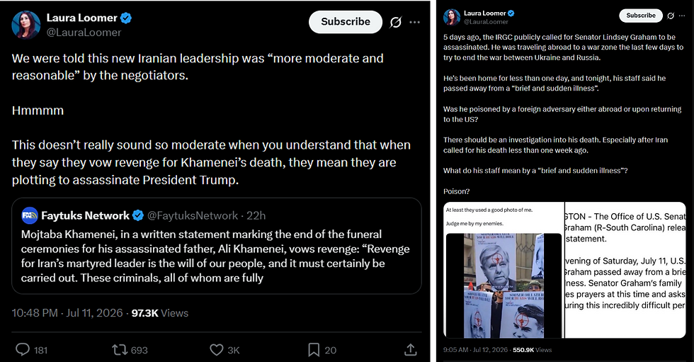 Screenshot of Laura Loomer tweets criticizing Iran and referencing Trump, with a graphic about Senator Lindsey Graham’s death on the right.