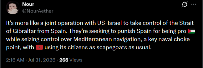 Dark-mode tweet by Nour (@NourAether) about US-Israel, Gibraltar, Spain, and Mediterranean navigation; 268 views visible.