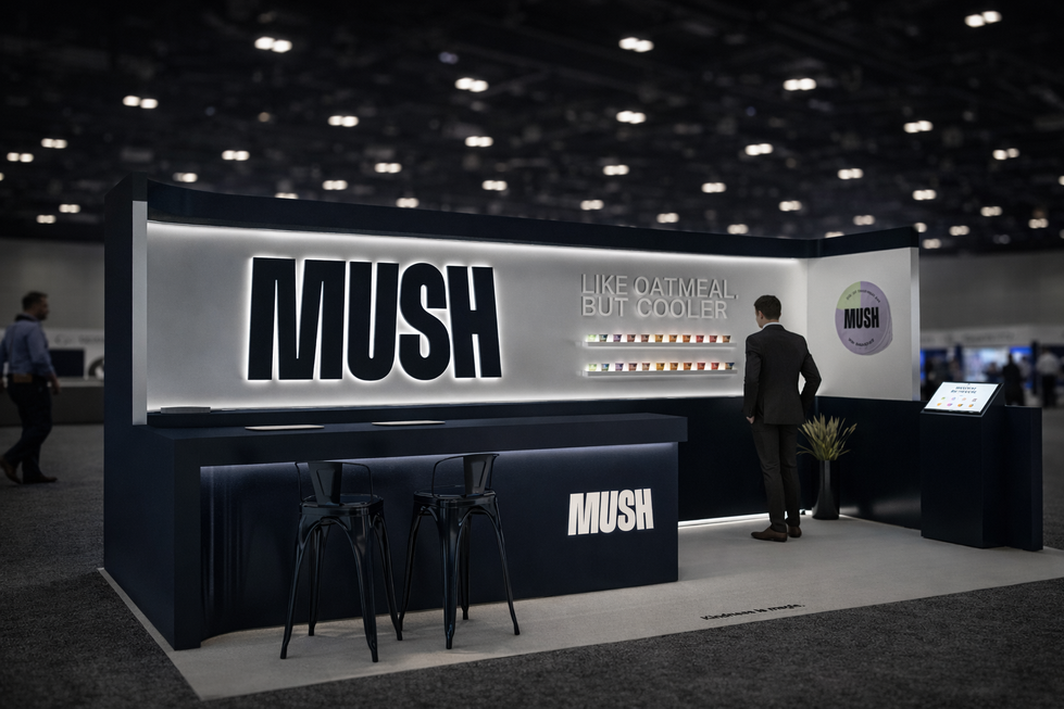 MUSH exhibit booth with 'LIKE OATMEAL BUT COOLER' text