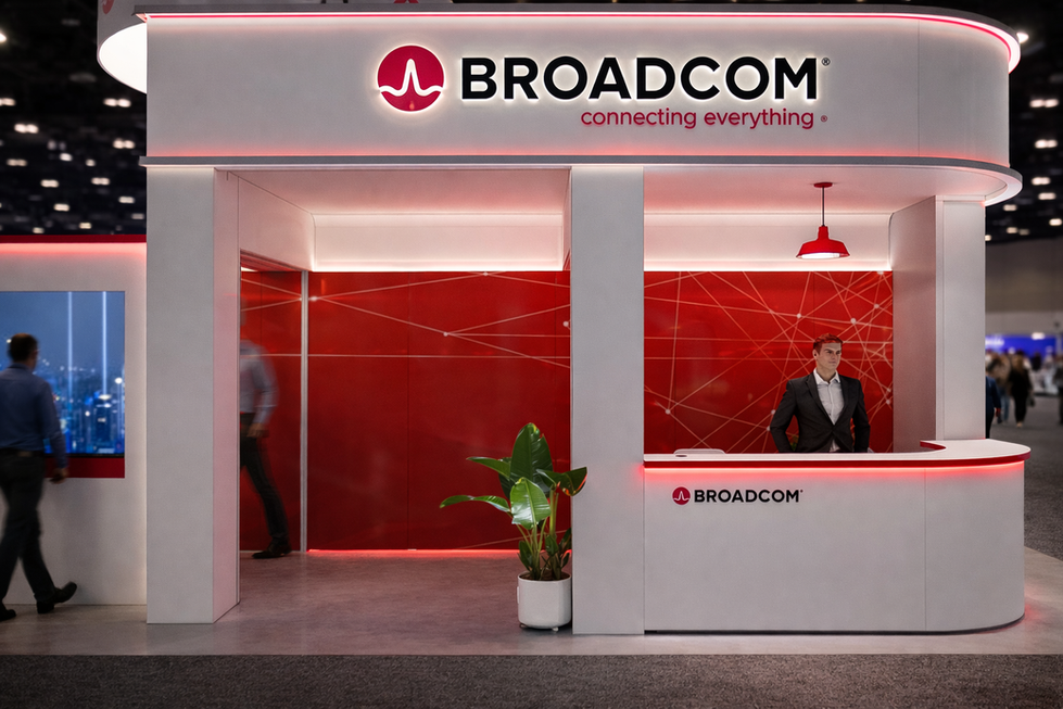Broadcom exhibit booth with "connecting everything" and reception