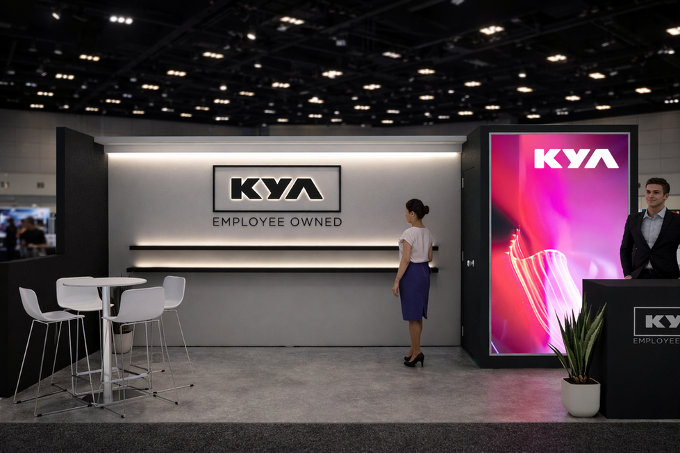 Modern KYA exhibit booth design with 'Employee Owned' branding