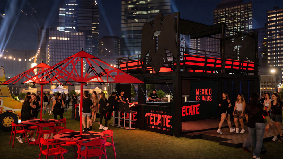 Outdoor event with Tecate-branded bar and seating area.