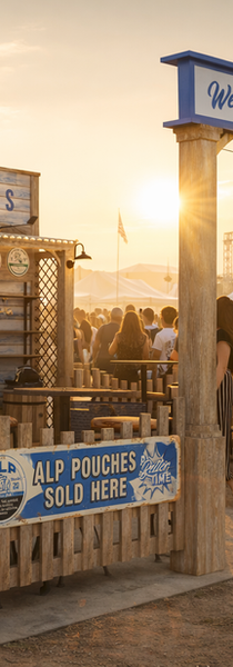 ALA Nicotine Pouches booth at an outdoor event during sunset