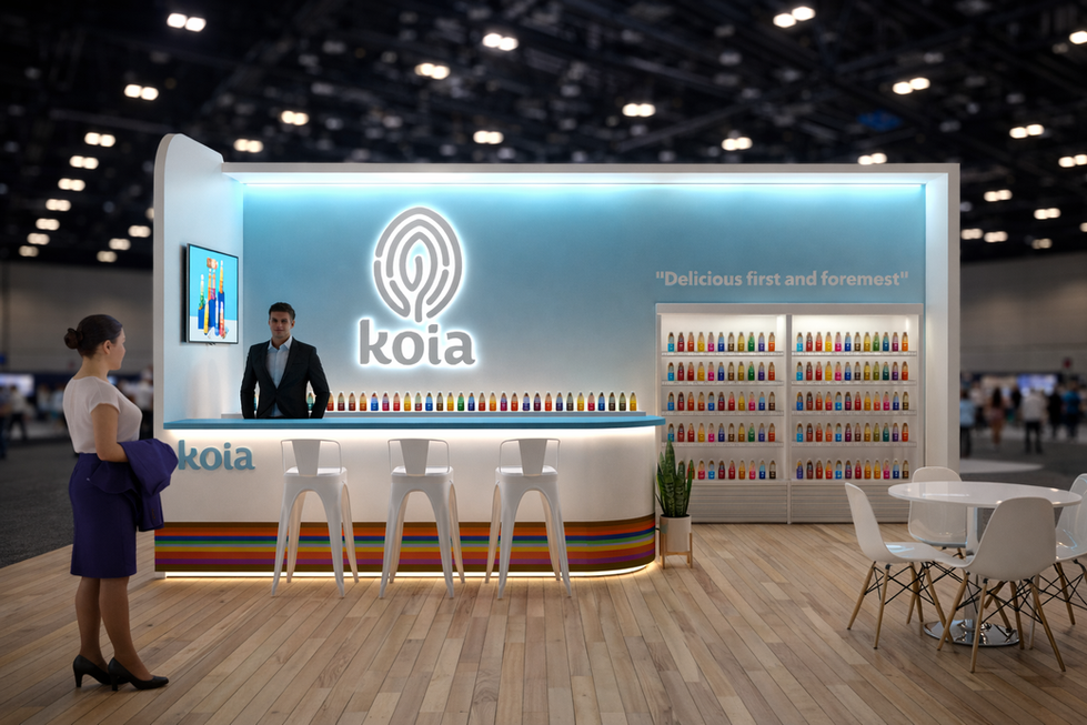 Koia exhibit design with a bar, staff, and colorful products