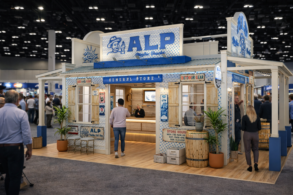 Rustic general store exhibit booth for ALP brand