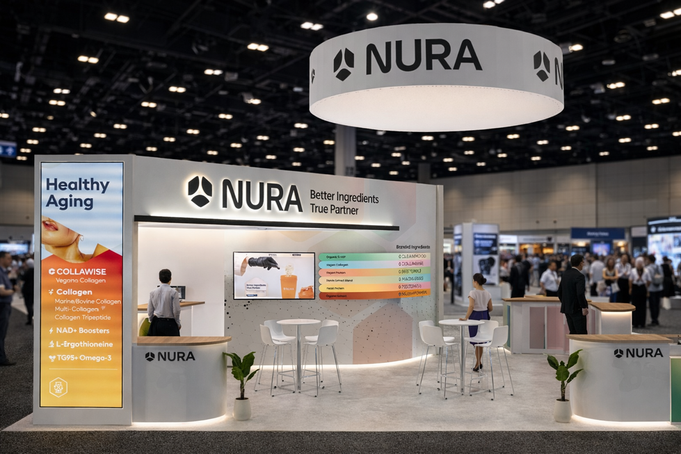 Modern NURA exhibit booth showcasing 'Healthy Aging'