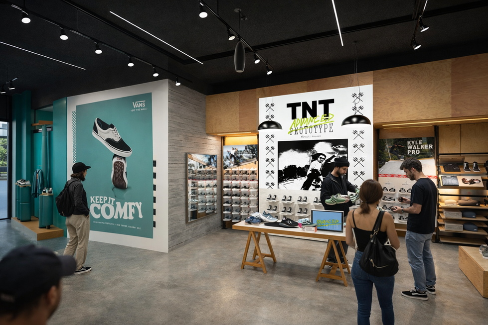 Vans store interior with 'Keep It Comfy' and 'TNT Prototype' exhibits.