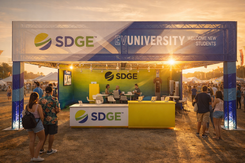SDGE EVUniversity welcome new students booth at sunset