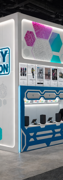 Hobby Exhibition booth with staff and hexagonal design