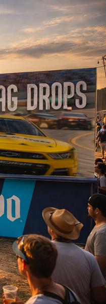 Cuervo race event with cars, 'When the Flag Drops' banner